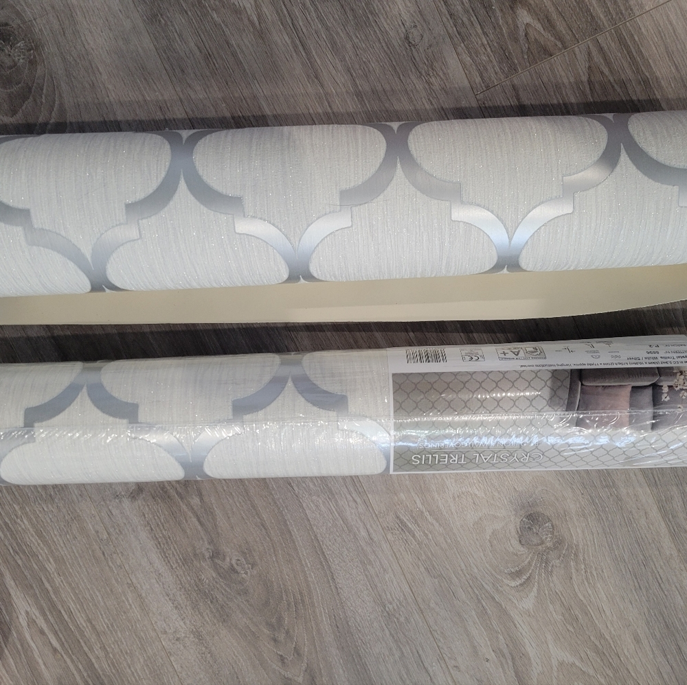 Silver glitter trellis wallpaper from the U.K.